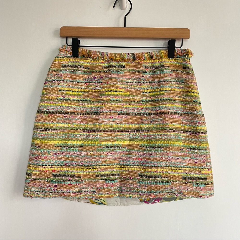 NWT LE SUPERBE Beach Tweed Mini Skirt Fringe Trim Yellow Colorful Office Size 4 - Picture 3 of 11